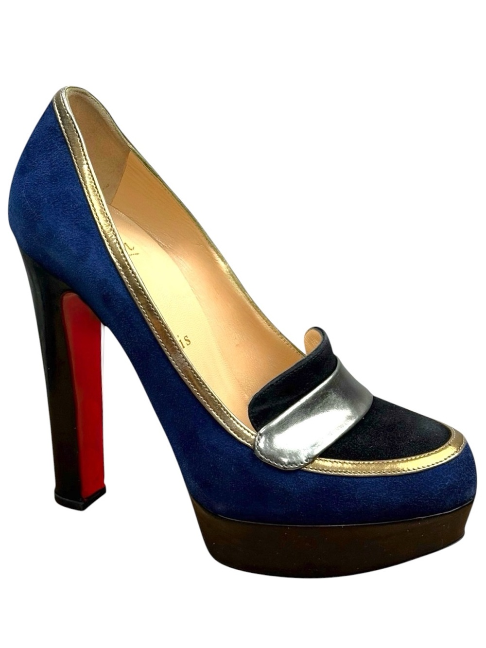 Christian Louboutin Trotitella 140 Blue Suede Metallic Platform Pumps Red Sole
